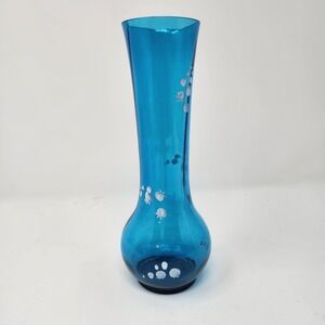 Vintage Small Dainty Blue Turquoise Glass Vase Vases Bulbous Hand Painted 7-5/8"